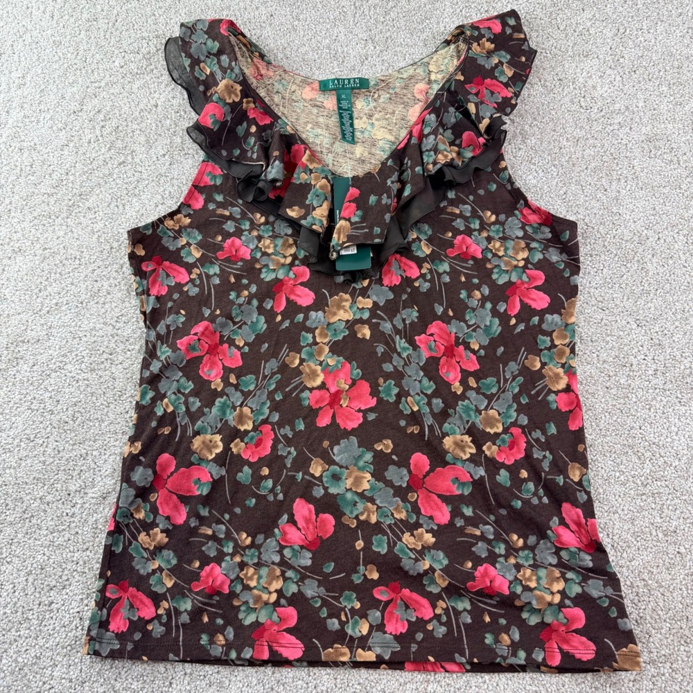Lauren Ralph Lauren Floral Ruffle Neck Top XL Sleeveless Brown Pink NWT Feminine